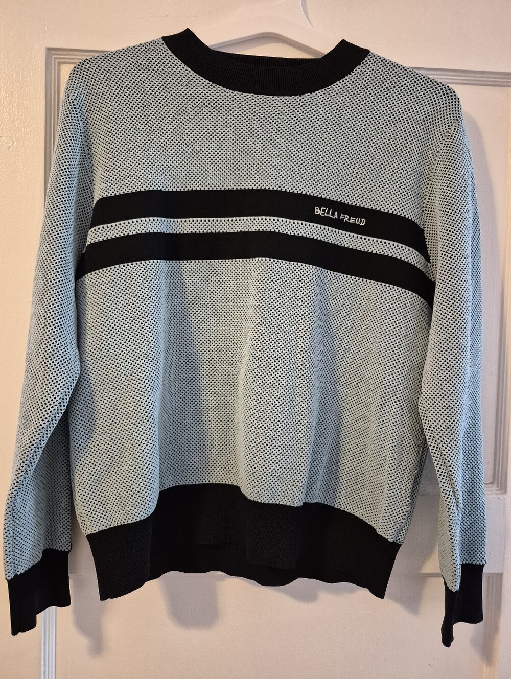 Bella Freud Light Blue & Black Mesh Knit Crewneck Stripe Sweater